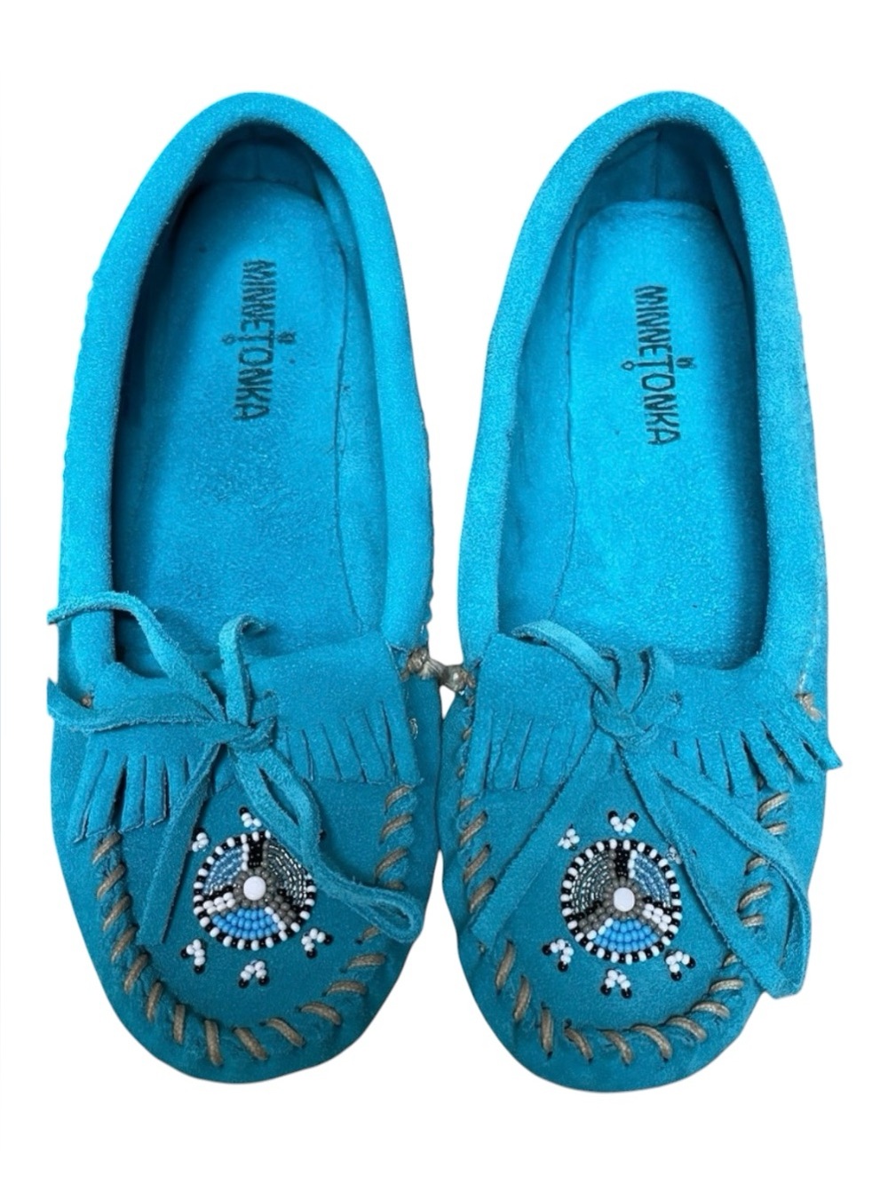 Minnetonka Women's Me To We Maasai Moc Turquoise Suede and Beaded Size 7.5 - Picture 4 of 10